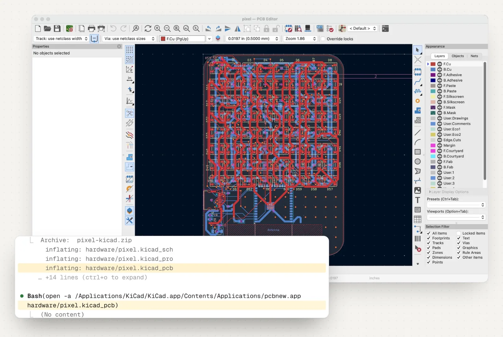 KiCad PCB Editor open on the pixel board layout, with a terminal inflating pixel-kicad.zip and opening pixel.kicad_pcb.