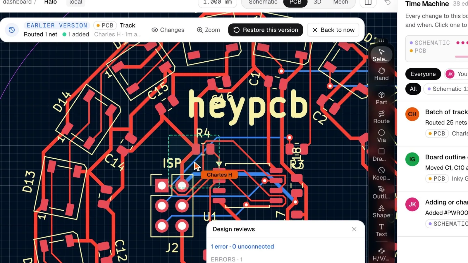 Earlier PCB version showing Charles H's cursor and a design review with one error and zero unconnected nets.