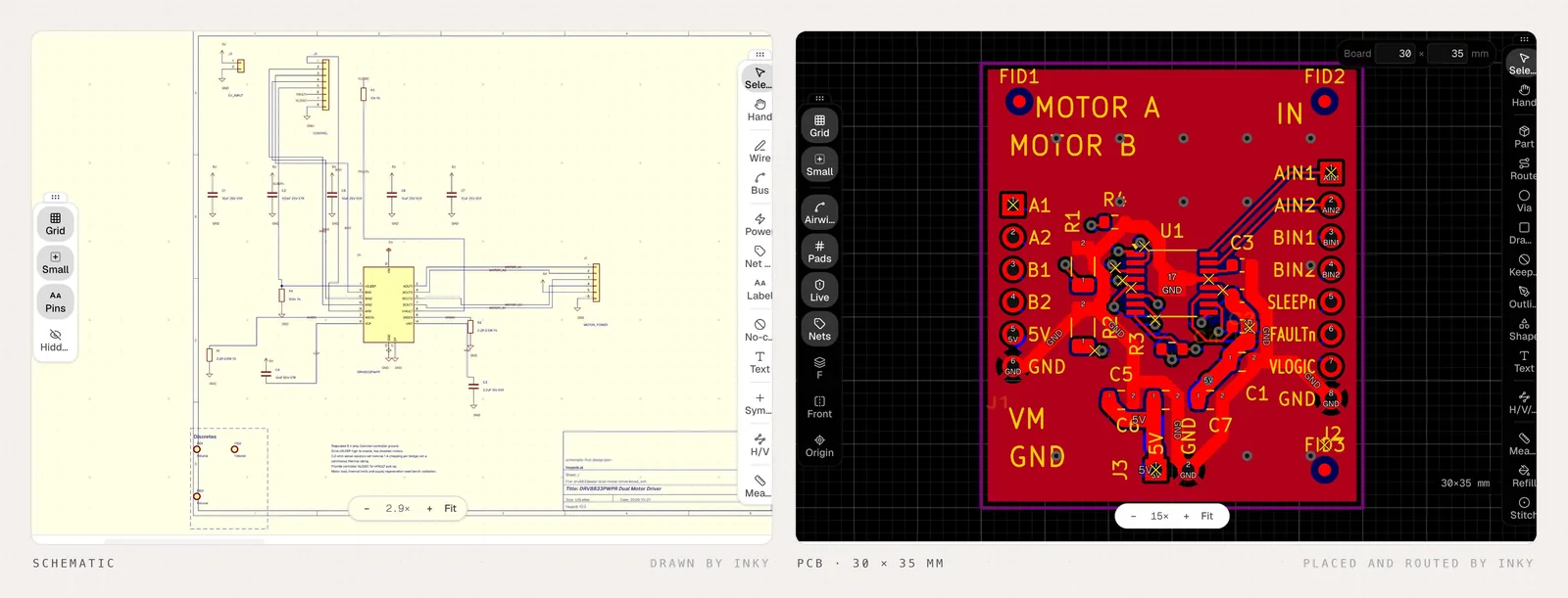Schematic drawn by Inky next to a 30 by 35 mm board, placed and routed by Inky, labeled Motor A and Motor B.