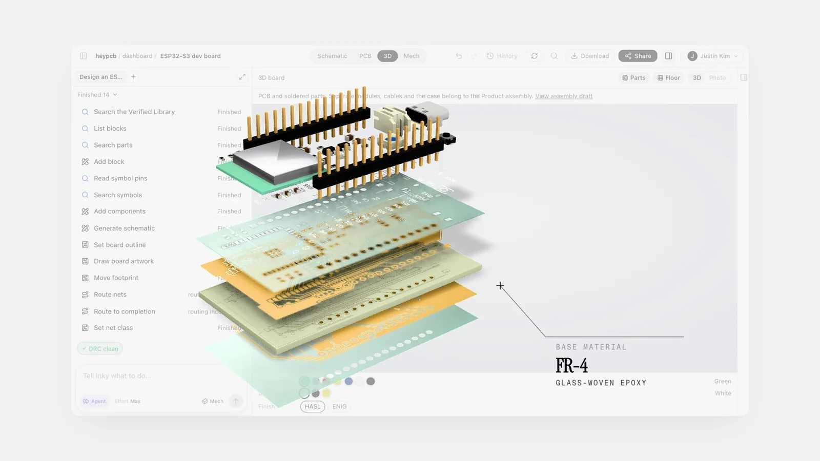 Exploded ESP32-S3 dev board in HeyPCB, with a callout labeling the base material as FR-4 glass-woven epoxy.
