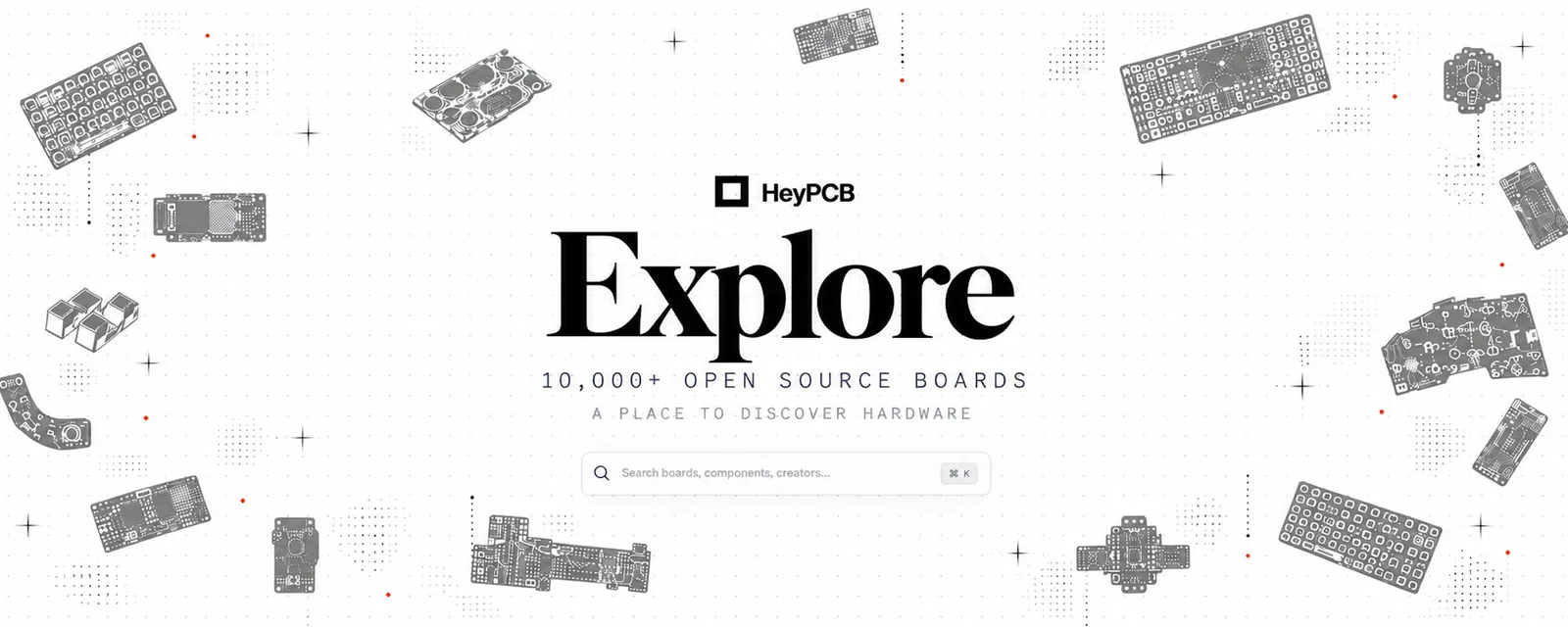heypcb Explore — 10,000+ open source boards, a place to discover hardware — surrounded by drawings of the boards.