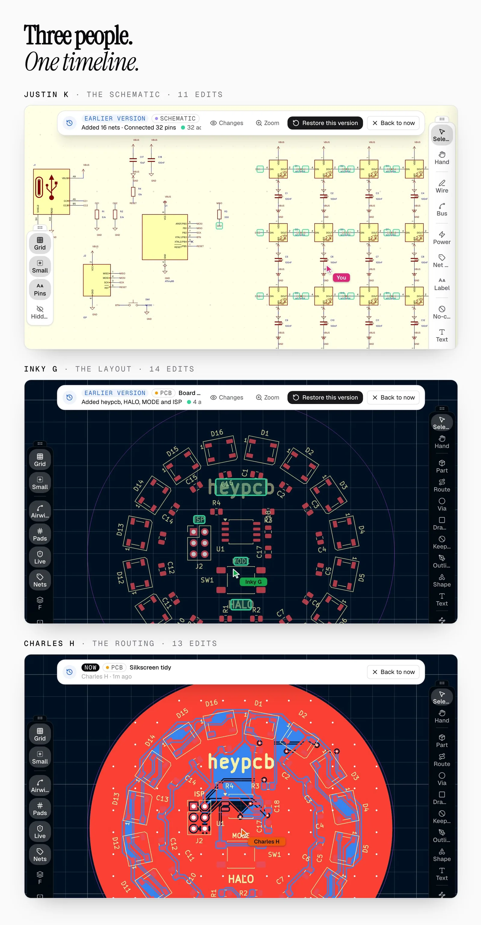 Three stacked board views for Justin K's schematic, Inky G's layout, and Charles H's routing.