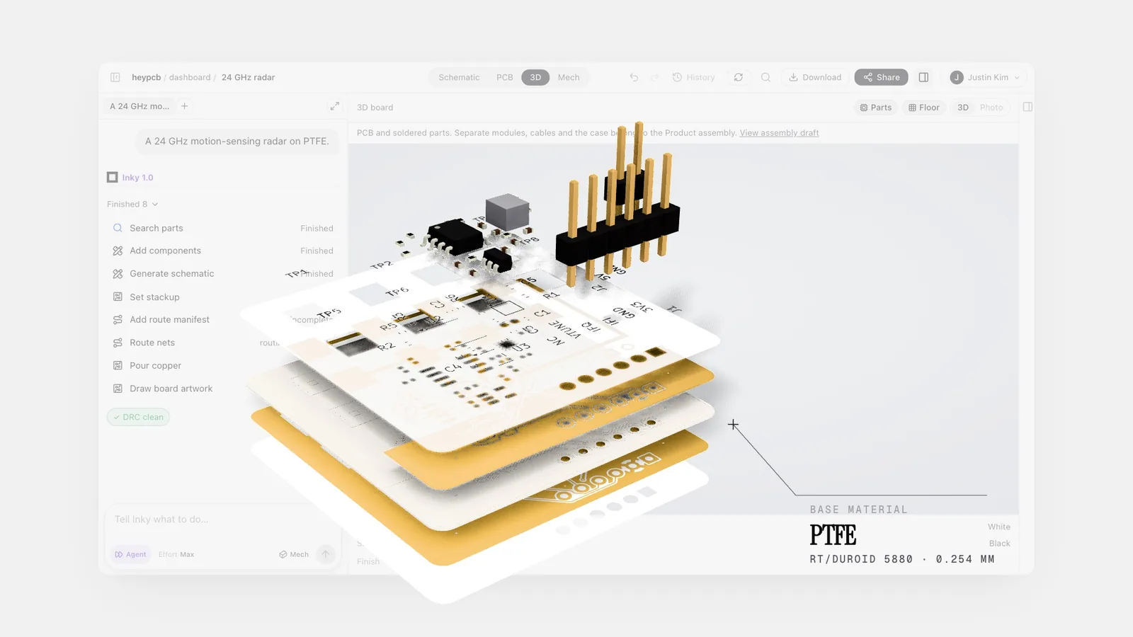 Exploded 24 GHz radar board in HeyPCB on PTFE RT/duroid 5880, labeled 0.254 mm.