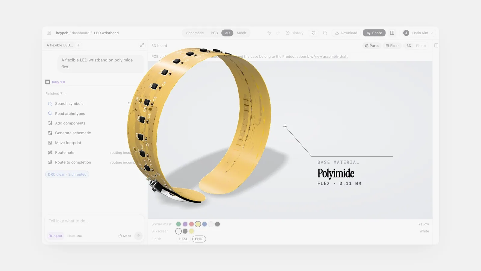 Curved polyimide LED wristband in HeyPCB, labeled flex at 0.11 mm, with LEDs along the arc.