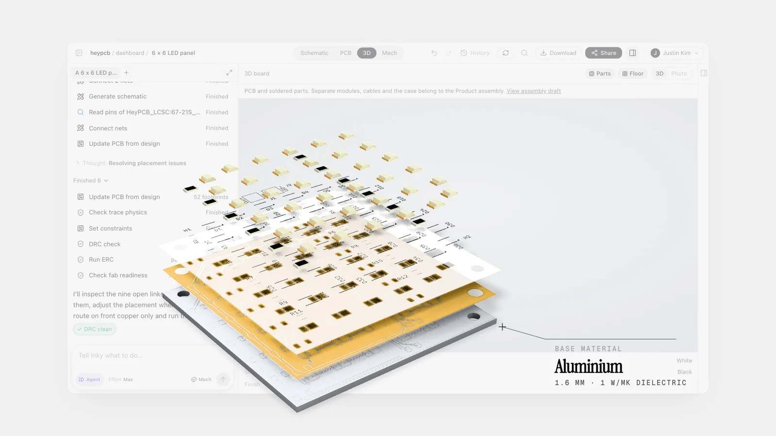 Exploded 6 x 6 LED panel in HeyPCB, with the aluminium base labeled 1.6 mm and 1 W/MK dielectric.