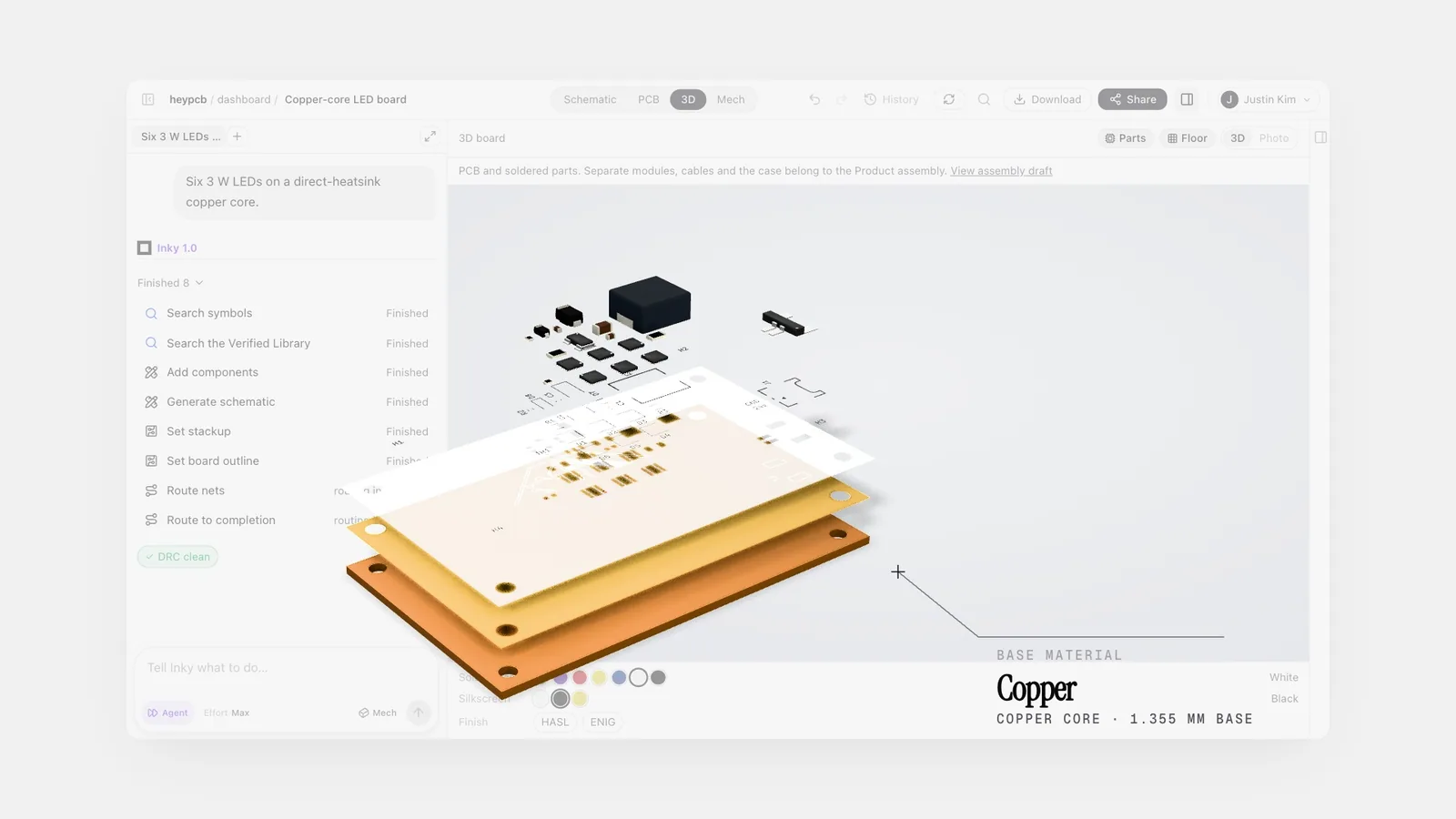 HeyPCB view of six 3 W LEDs on a copper-core board, with the base labeled 1.355 mm.