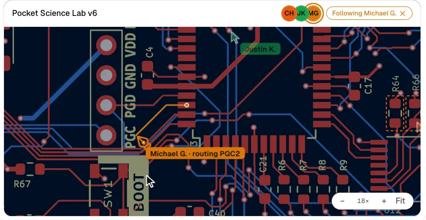 Following Michael on the Pocket Science Lab v6 PCB while he routes PGC2, with Justin's cursor nearby and the three avatars in the header.