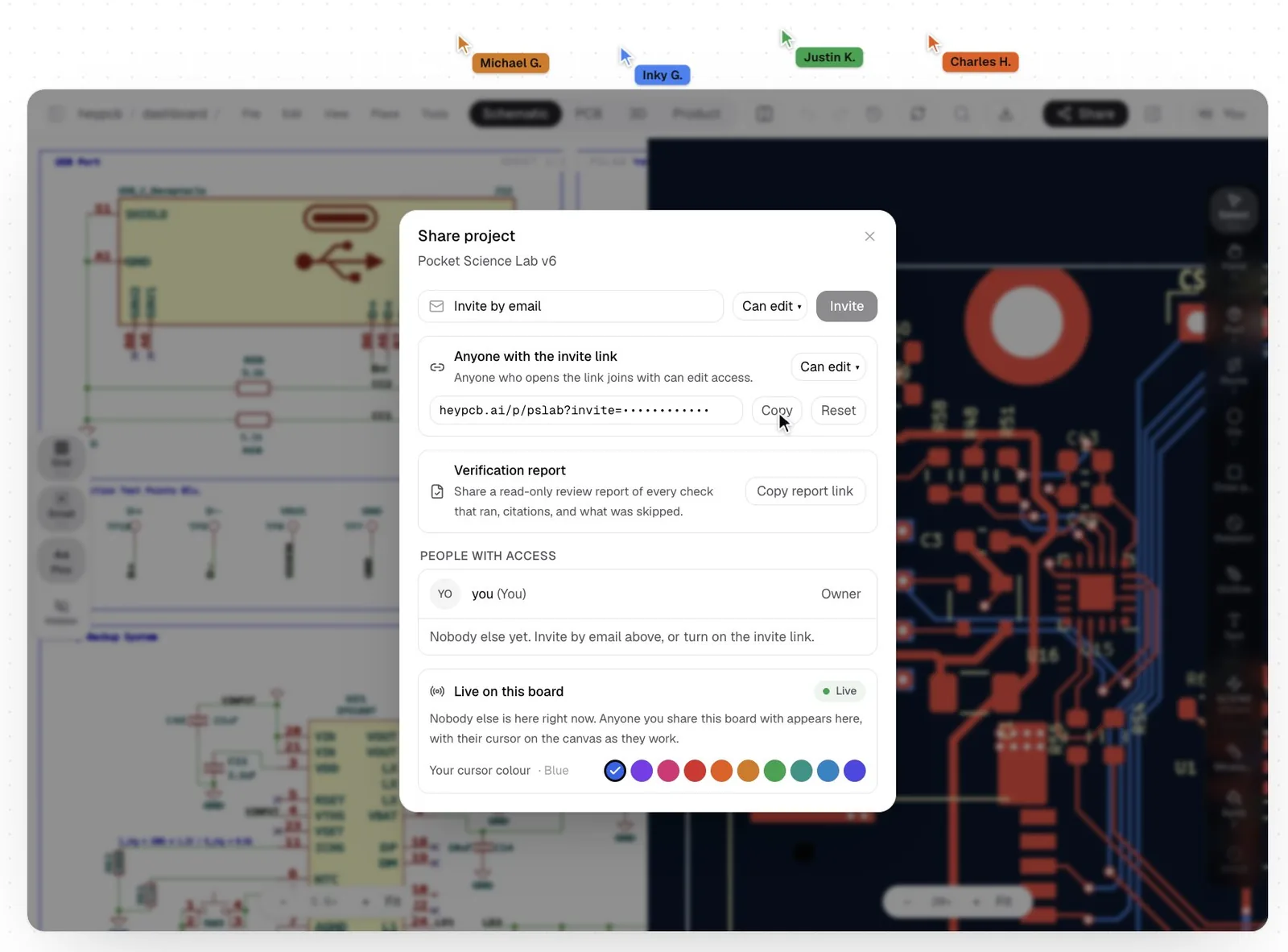 The Share project dialog: invite by email, an invite link with Can edit access, the people with access, and the live cursor colour picker.