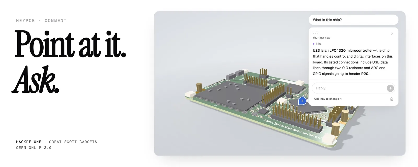 "Point at it. Ask." beside the HackRF One in 3D, where a pinned question asks what U23 is and Inky answers that it is an LPC4320 microcontroller.