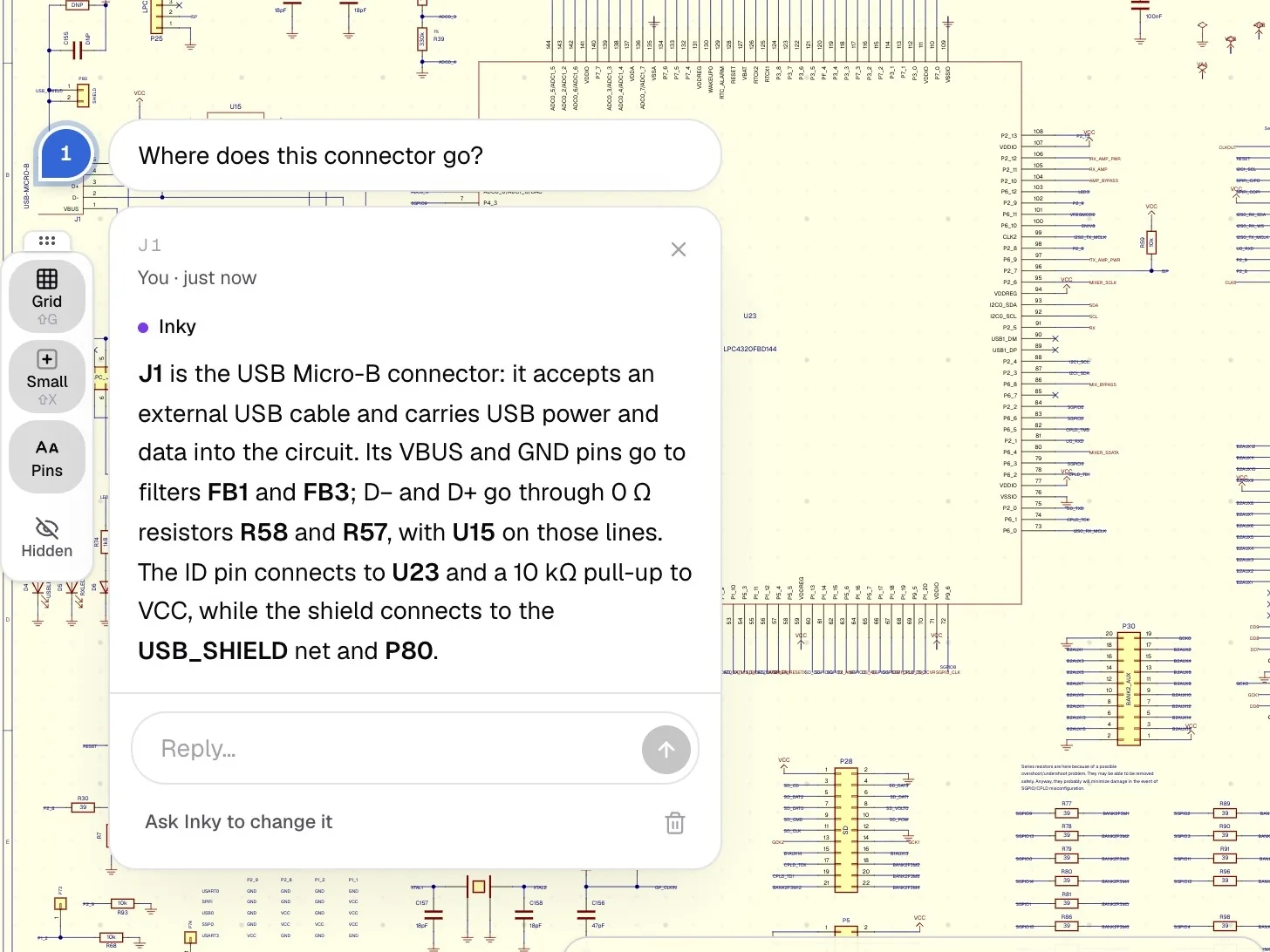 A comment on the HackRF One schematic asking where J1 goes; Inky explains it is the USB Micro-B connector and names the filters, resistors and nets it connects to.