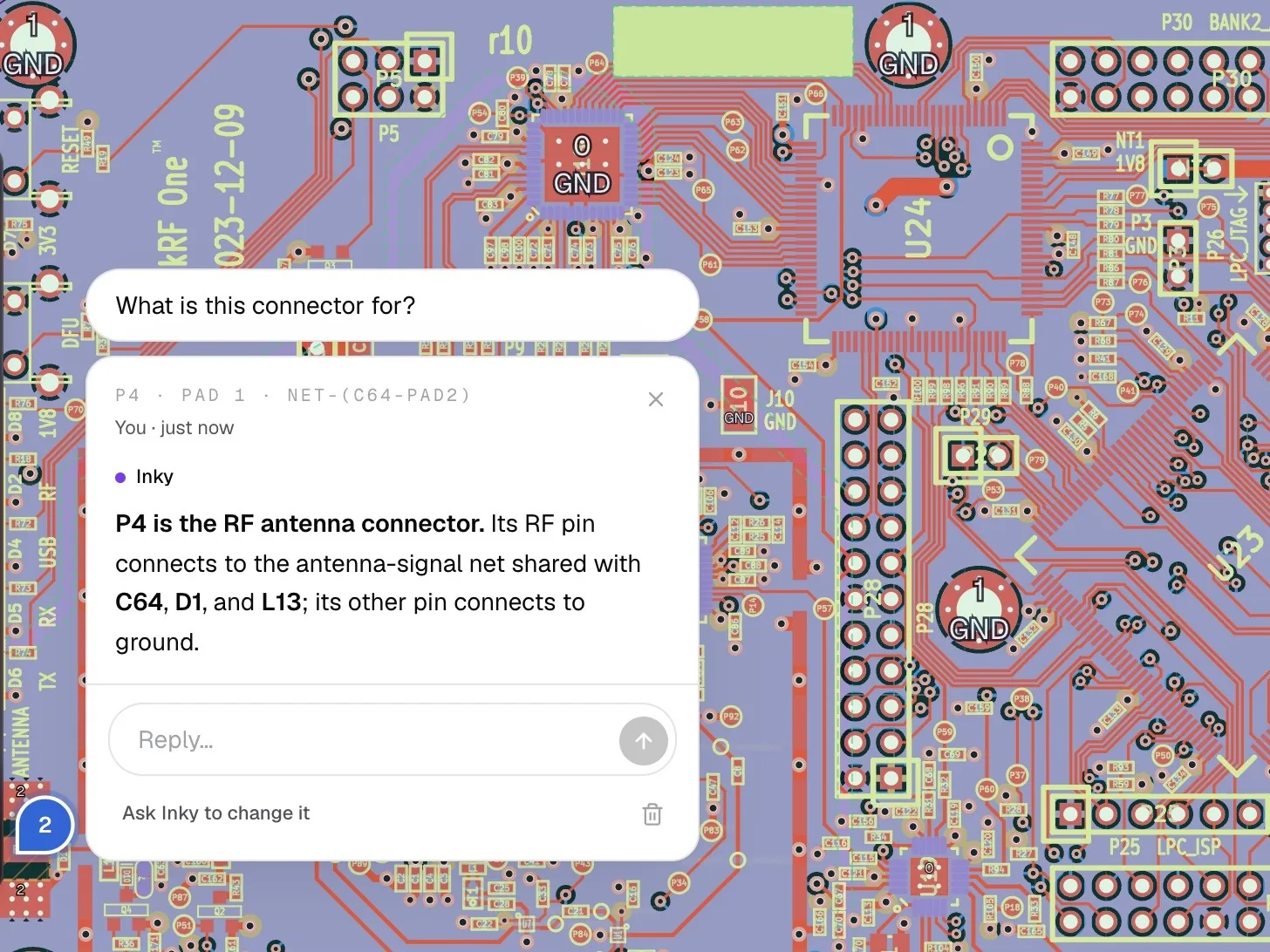 A comment on the HackRF One PCB asking what connector P4 is for; Inky answers that it is the RF antenna connector and names the parts on its net.