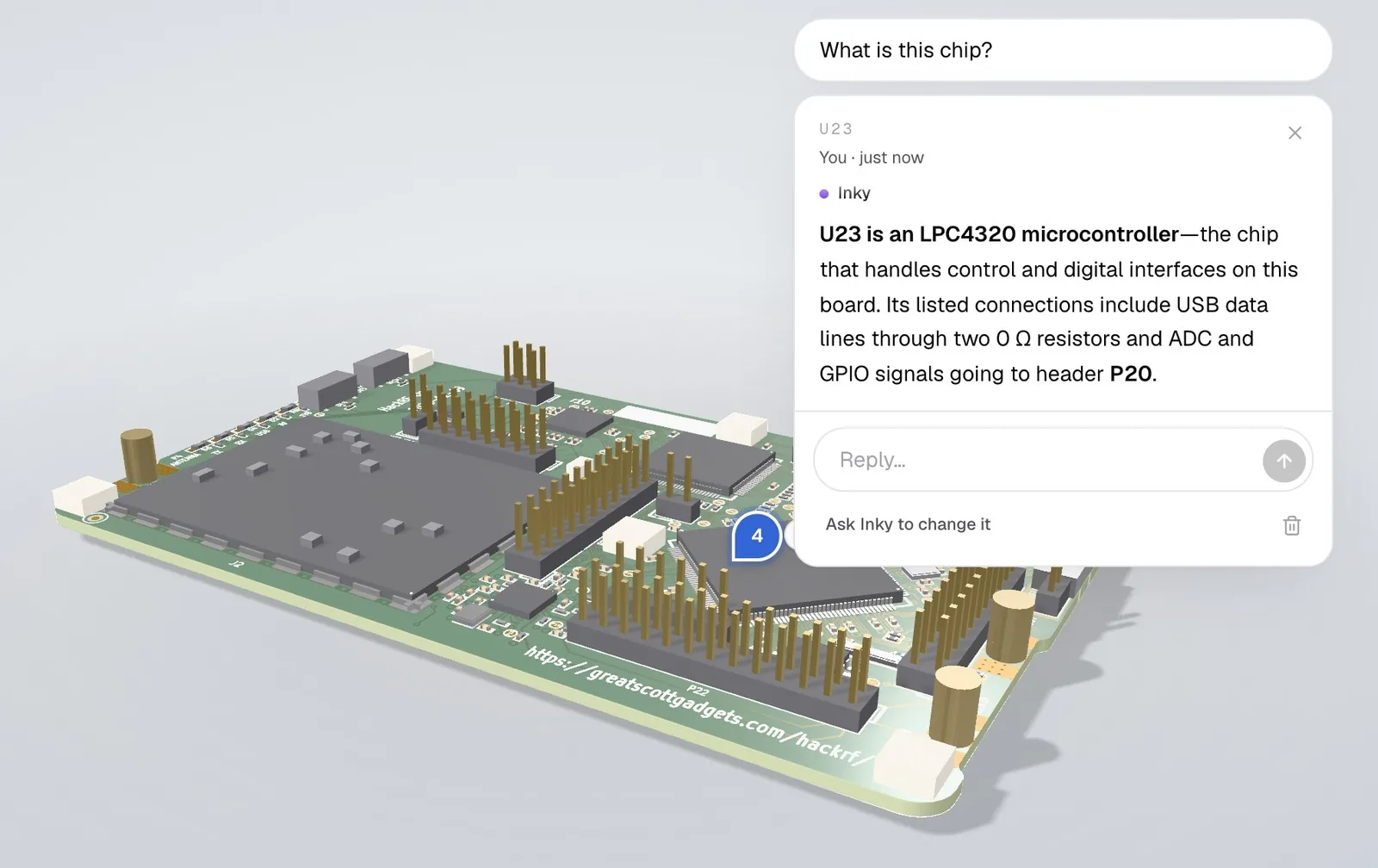 The HackRF One in the 3D view with a comment on U23; Inky explains it is an LPC4320 microcontroller handling control and digital interfaces.