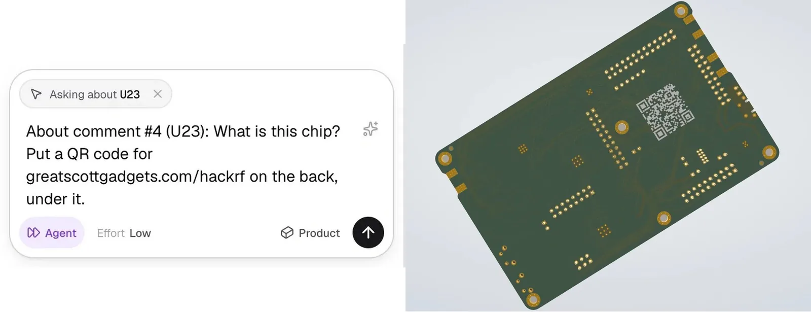 The comment on U23 sent to Inky as an instruction to put a QR code for greatscottgadgets.com/hackrf on the back of the board, and the board's back side with the QR code added.