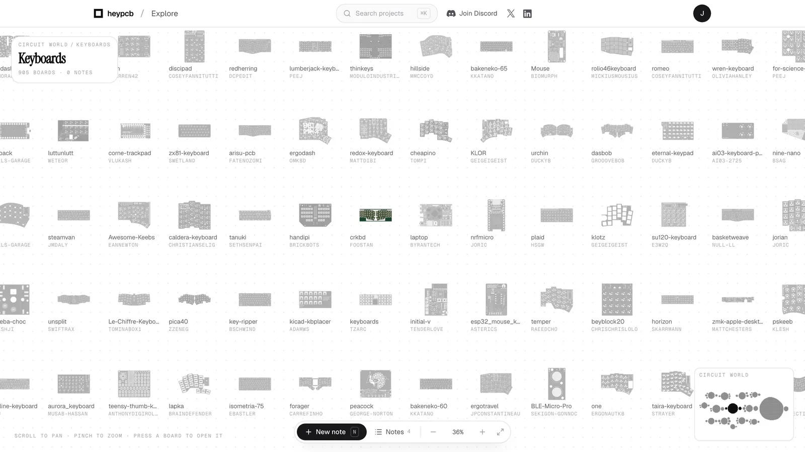 Explore zoomed all the way into Keyboards: a grid of real keyboard PCBs, each labelled with its name and builder.