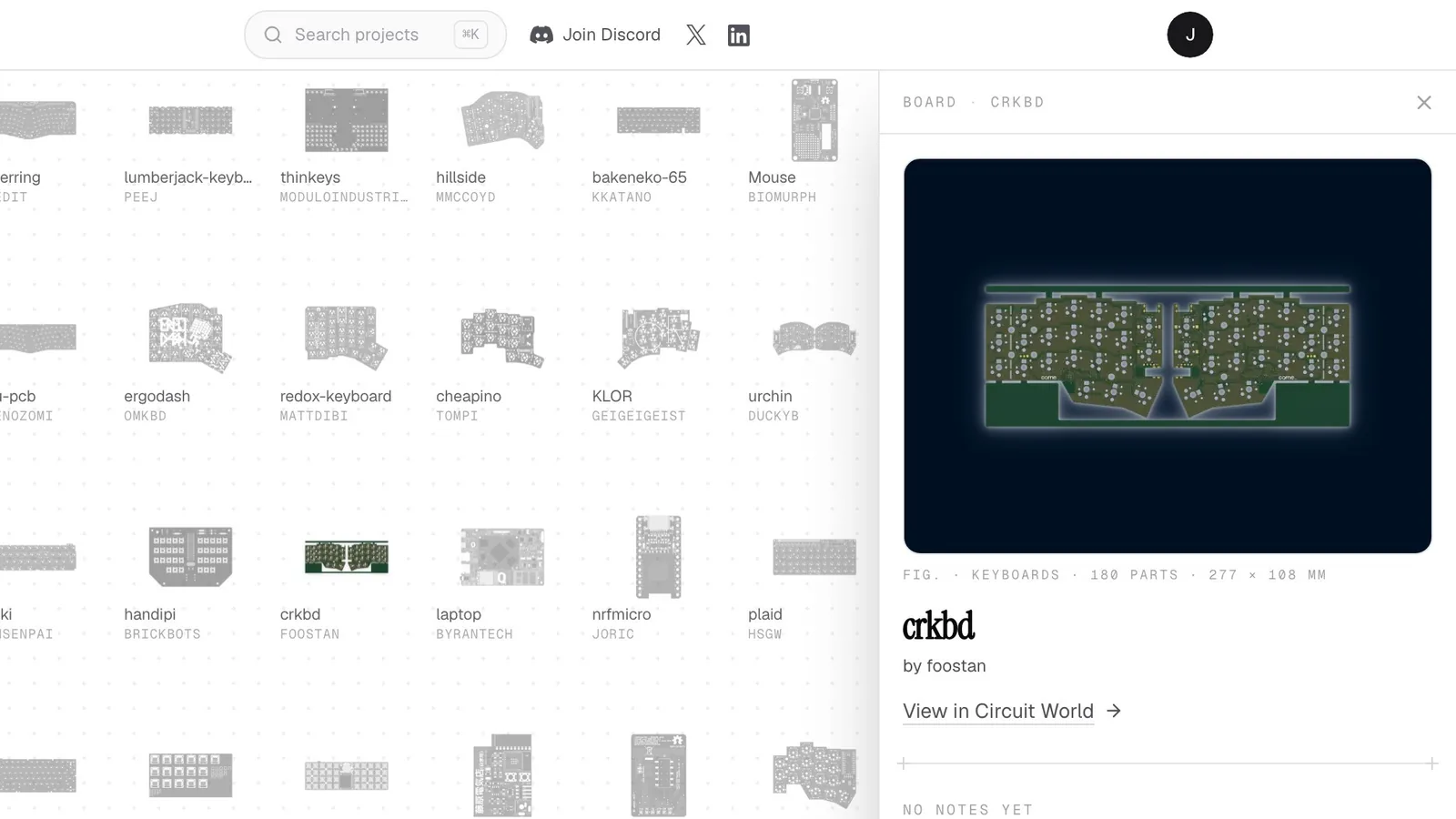The crkbd keyboard selected in Explore: a side panel shows its PCB, 180 parts, 277 × 108 mm, its builder foostan, and a link to view it in Circuit World.