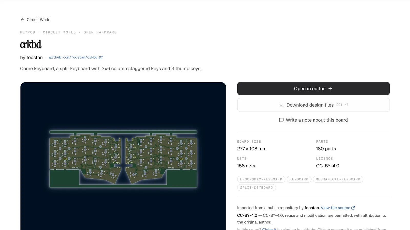 The crkbd page in Circuit World: the board, Open in editor and Download design files buttons, and its size, parts, nets and CC-BY-4.0 licence.