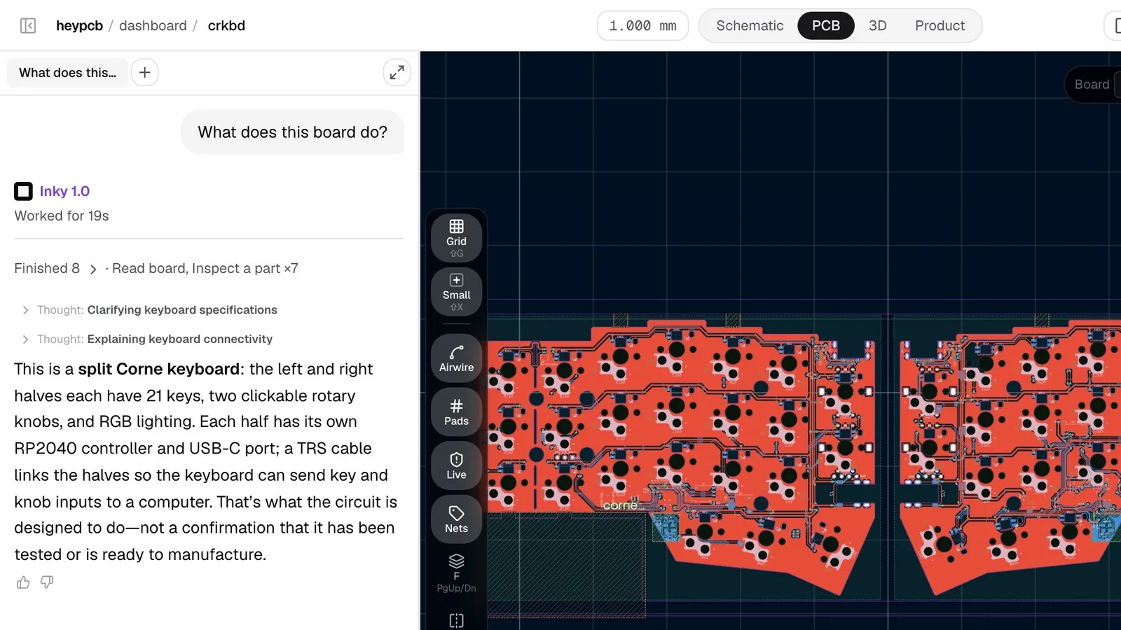 The crkbd open in the heypcb editor: Inky explains it is a split Corne keyboard with 21 keys per half, two rotary knobs and an RP2040 in each half, beside the PCB.