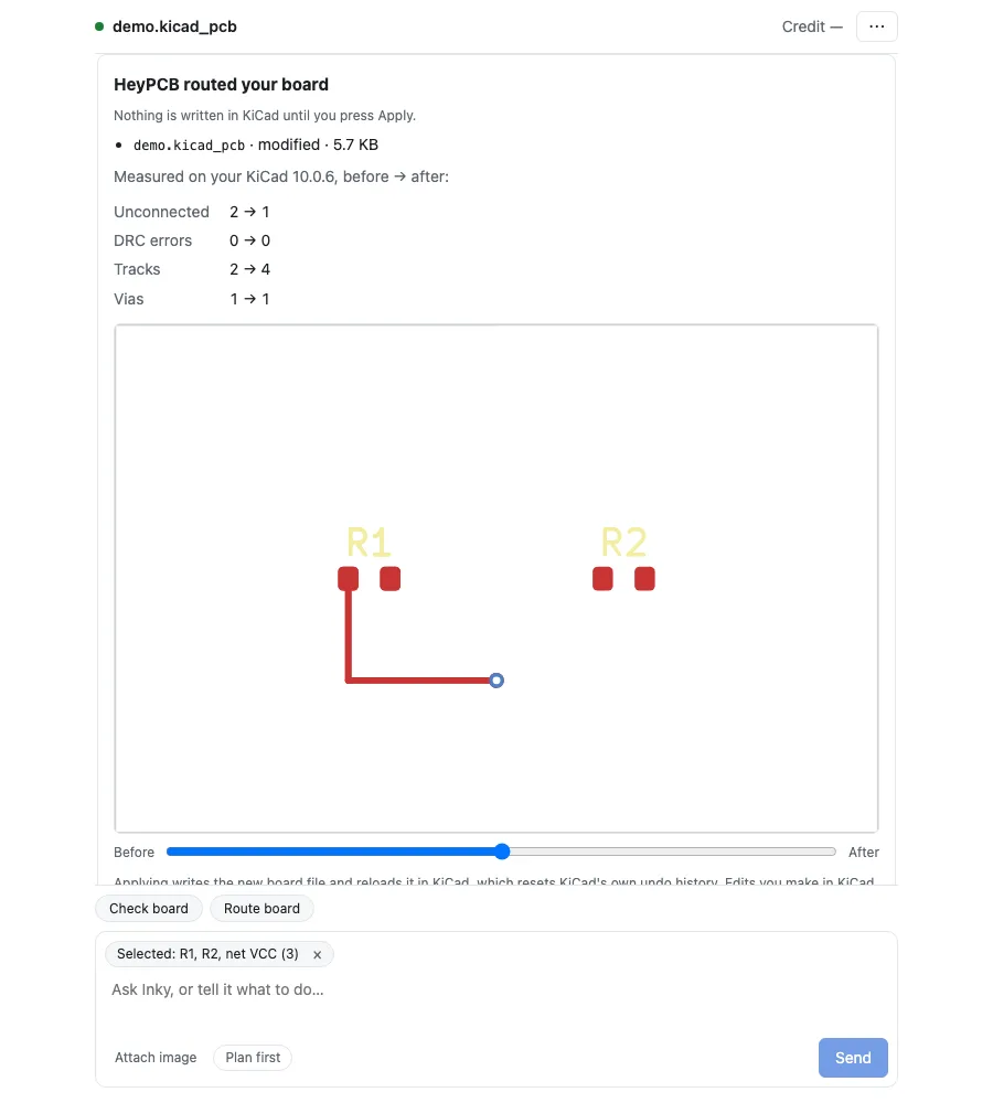 A card reading HeyPCB routed your board, nothing written in KiCad until you press Apply, with unconnected, DRC errors, tracks and vias measured before and after, and a before-and-after view of the routed tracks.