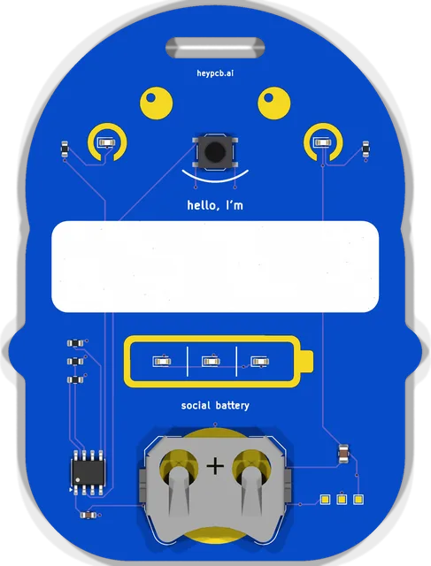 Blob, a name badge, top view of the KiCad render