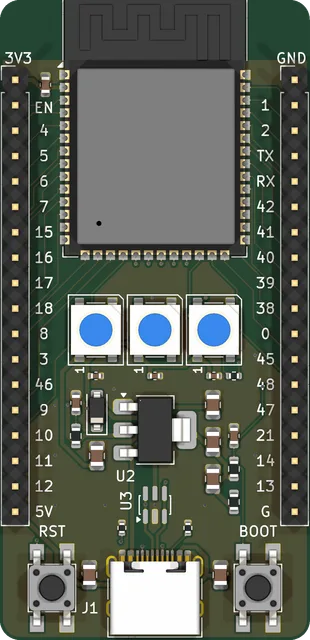 ESP32-S3 dev board, top view of the KiCad render
