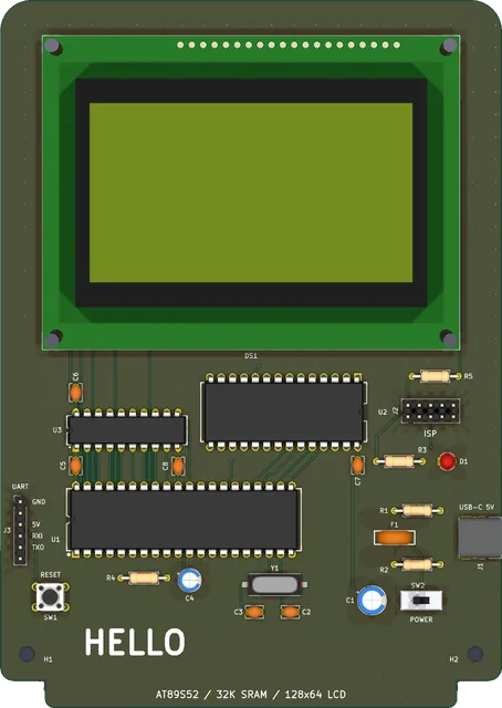 HELLO, an 8051 computer, top view of the KiCad render