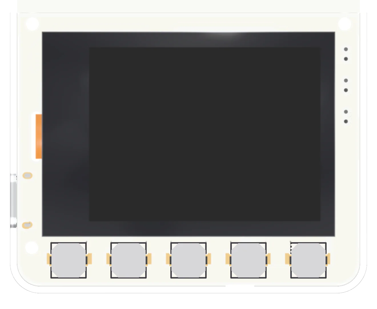 The badge's front square on: the screen in its clear case, the five buttons under it, PWR, RST and BOOT on the right edge.