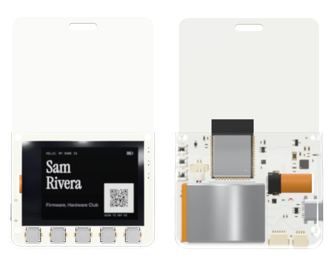 heypcb Badge from the front and from the back: a white board in a clear case, its screen and five buttons on the front, its module, battery and ports behind.