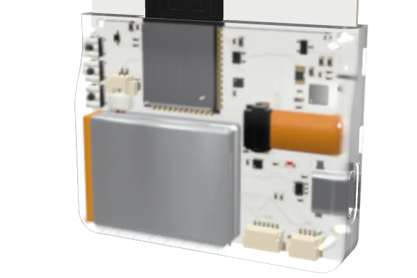 The badge's back at an angle: the module, the battery and its plug inside the clear case.