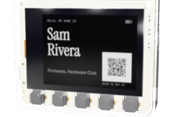 The badge's screen and the five buttons under it, through the clear case.