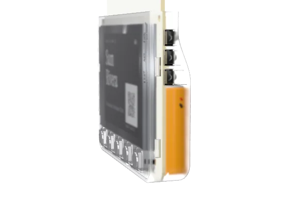 The badge's right edge: its three side buttons, and the clear case deepest where the battery sits behind the board.