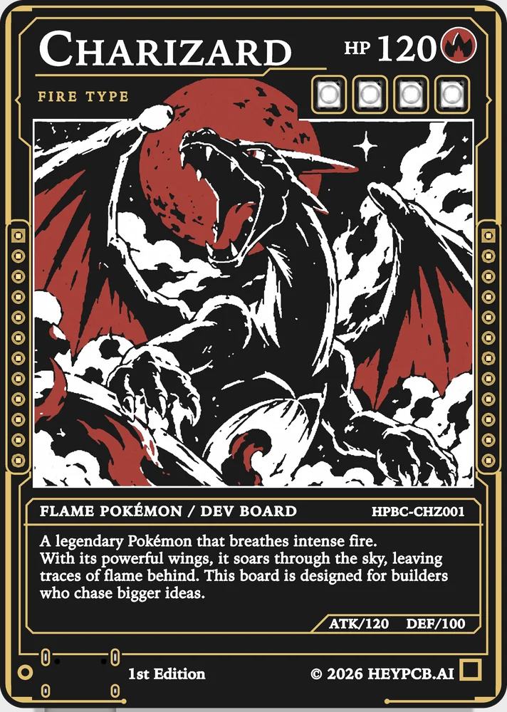 The face: Charizard roaring in front of a red moon, in gold, white and red on black, framed as a trading card, with HP 120, four energy windows and a fire icon along its top.