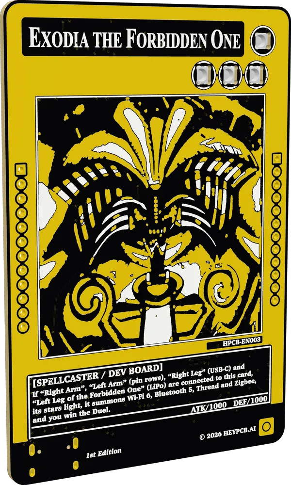 Exodia the Forbidden One standing on its edge: a black and gold card with Exodia drawn on its face.