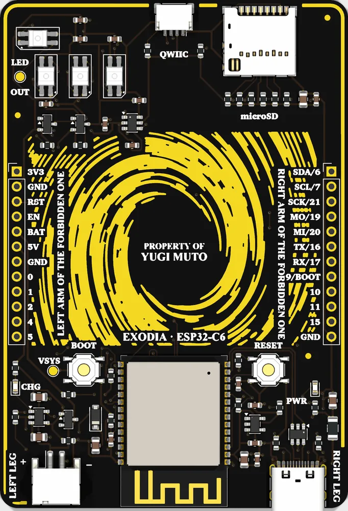 The back: the parts round a gold vortex, every pin named, each pin row and port labelled as one of the Forbidden One's limbs.