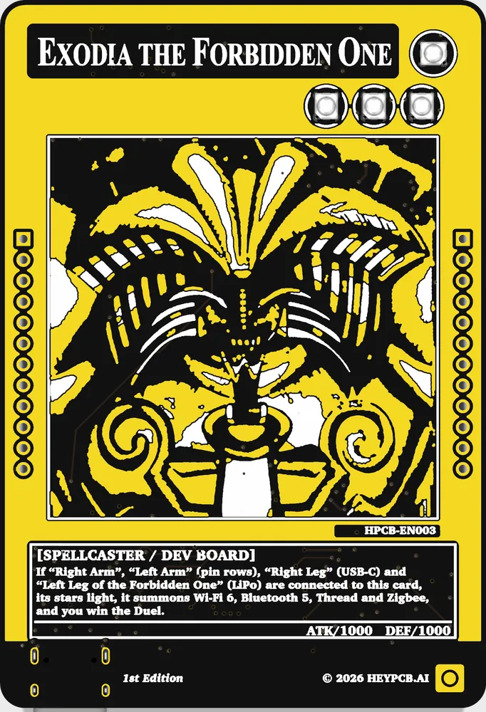 The face: Exodia the Forbidden One in gold, white and black, framed as a trading card, with three level stars and an orb along its top.