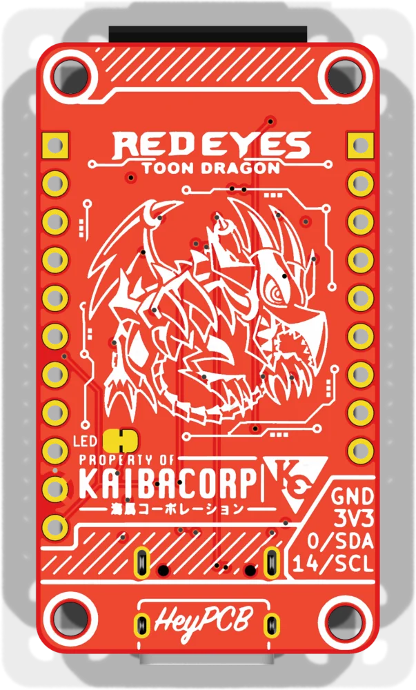 The back: a dragon drawn in white silkscreen under the words Red Eyes Toon Dragon, the power light's cut jumper beside the word LED, and the STEMMA QT pins named.