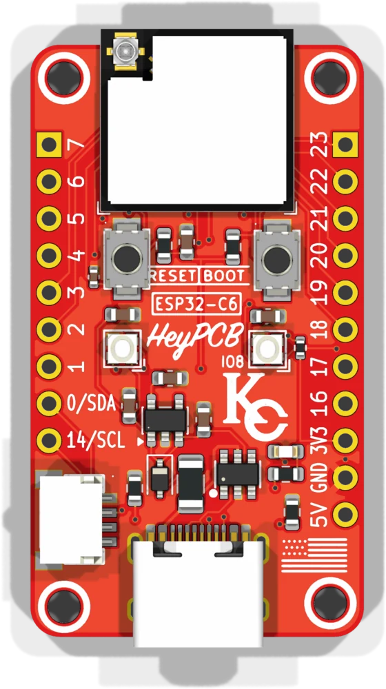 The front: the ESP32-C6 module and its antenna connector, RESET and BOOT, two LEDs, the STEMMA QT port, USB-C and twenty labelled pin holes.